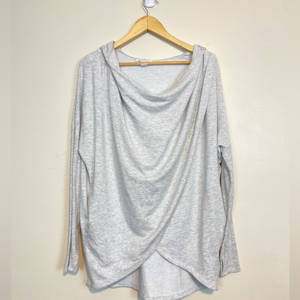 ATHLETA PURANA WRAP COZY SWEATSHIRT SWEATER HEATHERED GRAY RIBBED SLEEVE - Picture 4 of 10